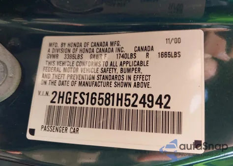2001 Honda Civic Lx z USA, uszkodzony, nr VIN 2HGES16581H524942